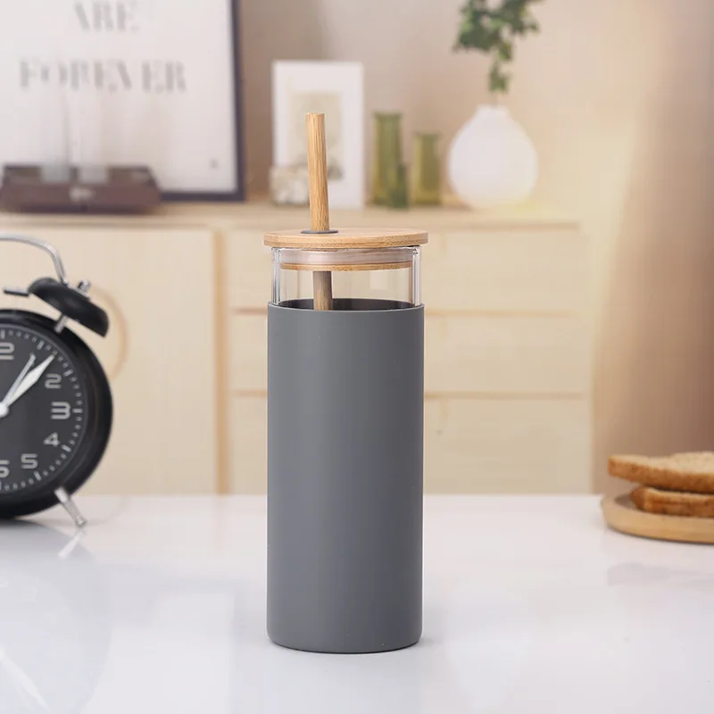 Bpa Free Keep Warm Custom Printing Reusable Water Bottles Cup Bamboo Lid Straight Tumbler with Silicone Sleeve and Straw 500ml