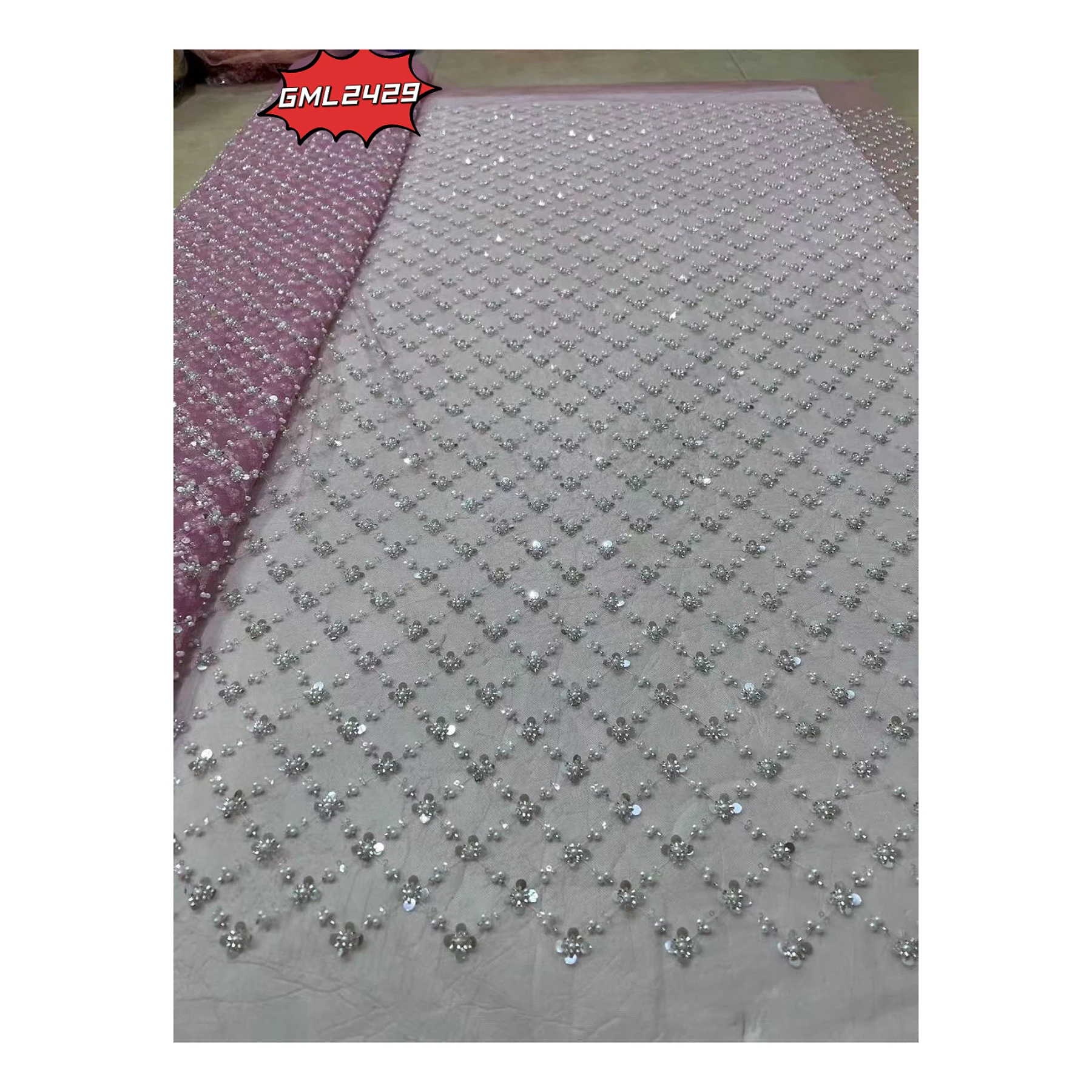 metallic lace fabric pink lilac lace French Lace bridal crystal sequins heavy white embroidery beads sequins For Wedding fabric