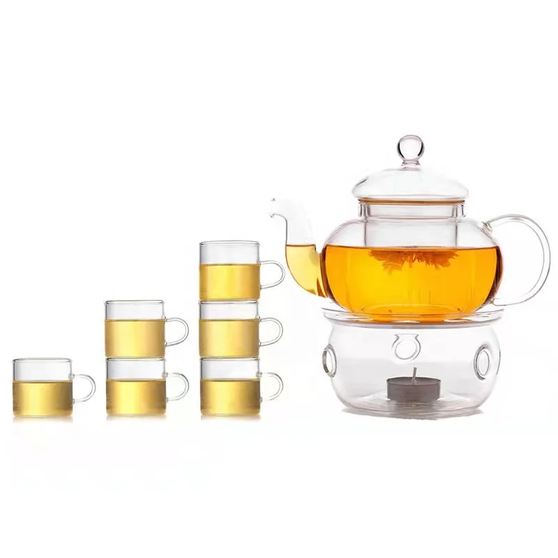27oz Glass Teapot Set Stovetop Safe Tea Infuser Maker with Candle Warmer and 6 Double Wall Teacups,Blooming & Loose Leaf Tea Pot