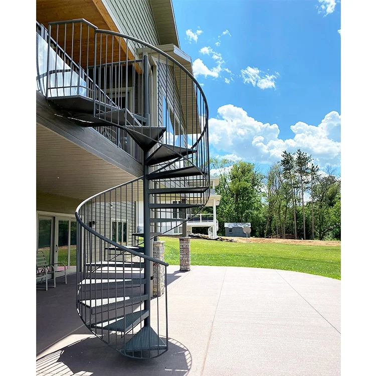 Factory Price Newest Outdoor Second Floor Narrow Spiral Staircase Wrought Iron Railing Design Steel Building Exterior Stair