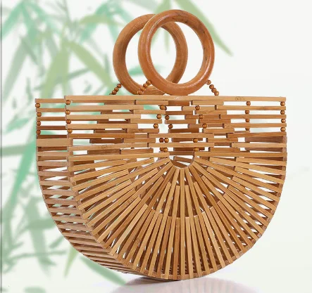 STOCK Handmade Clutch Tote Beach Bag Bamboo Half Round Handle Handbags For Women Beach Bag