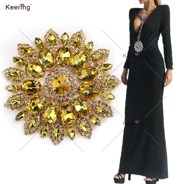 WRE-318 Keering Colorful Big Austrian Crystal Brooch Large Gold Rhinestone Applique For Couture Dress