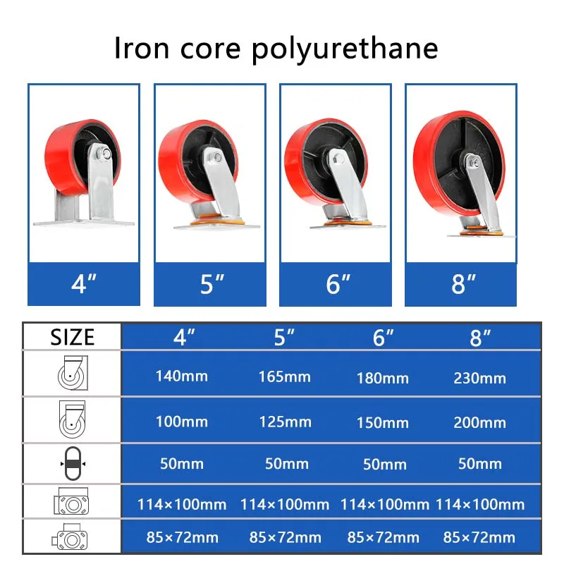 6 8 10inch Heavy duty mute Durable iron core  red polyurethane PU Rigid Swivel caster wheel with brake
