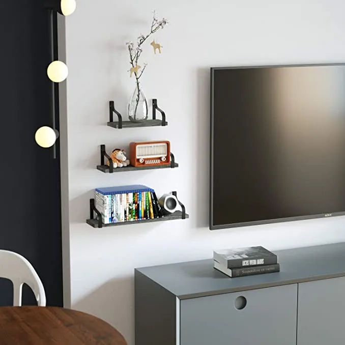 Wholesale Floating Shelves Wall Mounted Rustic Wood Wall Shelves Set of 3 for Bedroom Living Room Bathroom Kitchen Grey