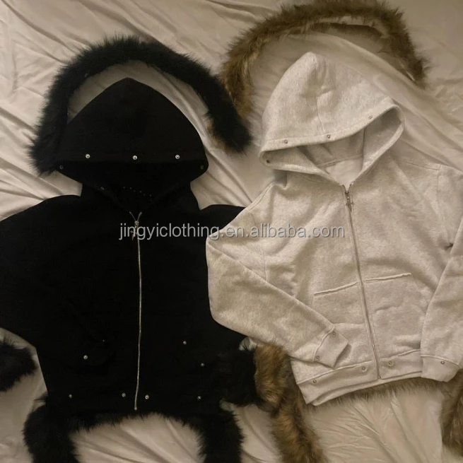 Уличная одежда высокого качества Мужская махровая флисовая 100% хлопковая толстовка на молнии из искусственного меха со съемной капюшоном