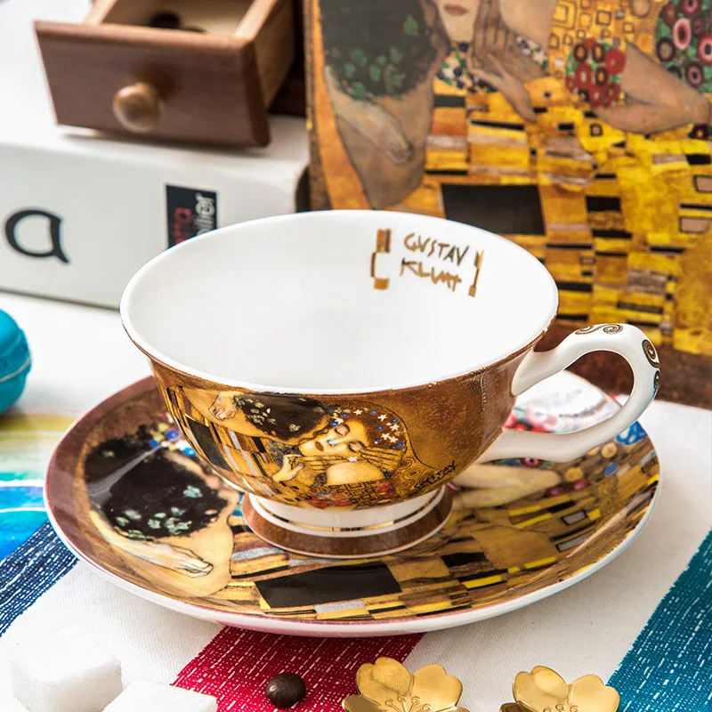 Klimt Famous Painting Bone China Tea Cup and Saucer Sets for 2 Person