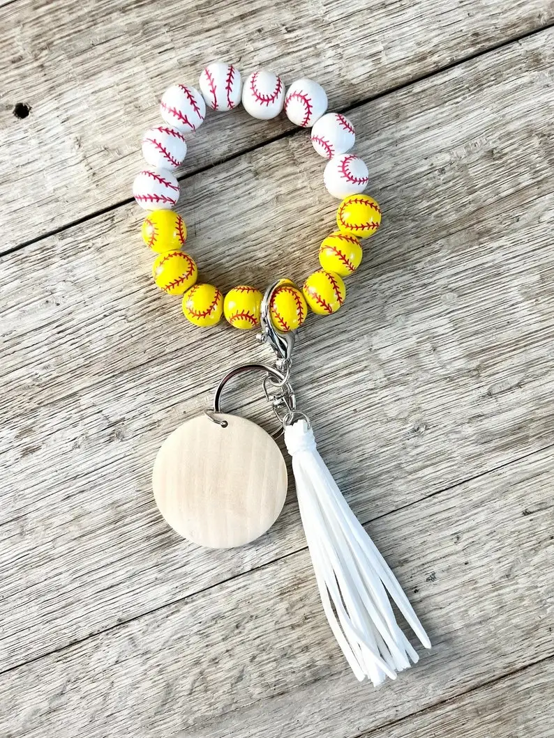 Hot Sale Sports Volleyball Basketball Soccer Baseball Wooden Beads Bracelet Keychain Gift For Mom Suede Tassel Wristlet Key Ring