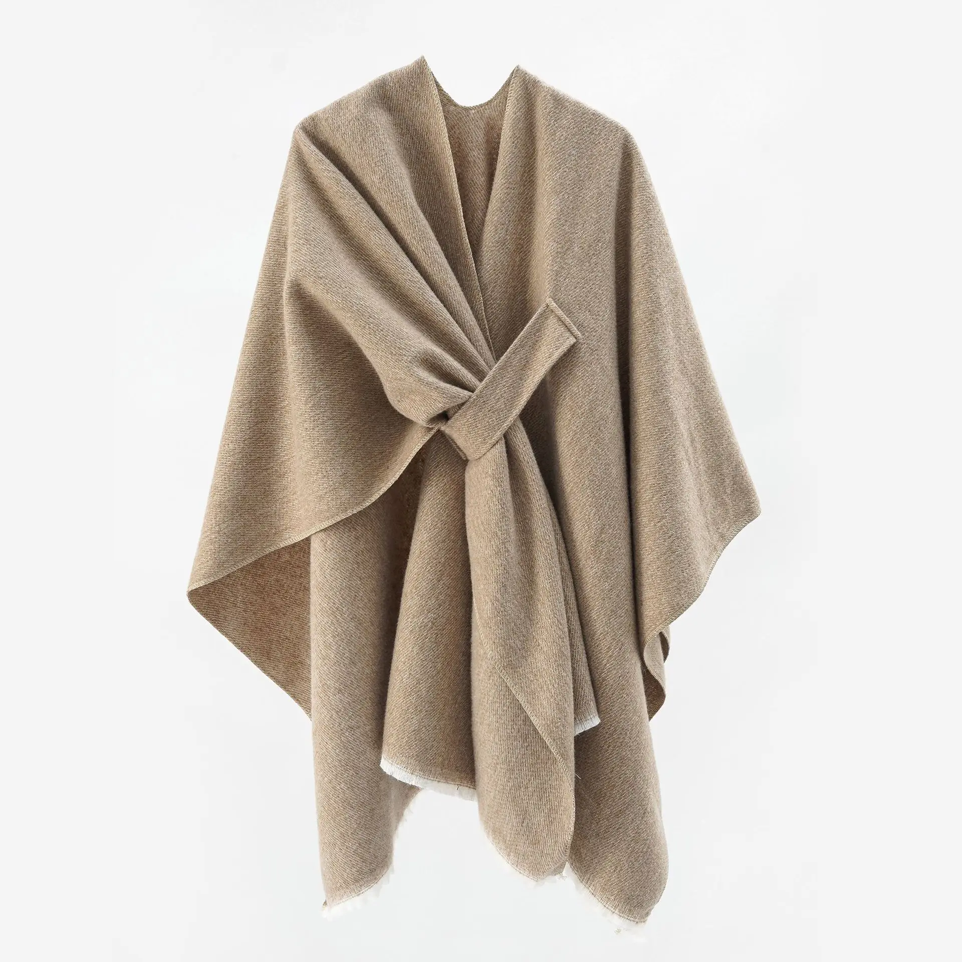 MIO Winter Women Knitted Shawl Blanket Solid Color Cardigan Sweater Cross Open Front Poncho Faux Cashmere Poncho Shawl Cape