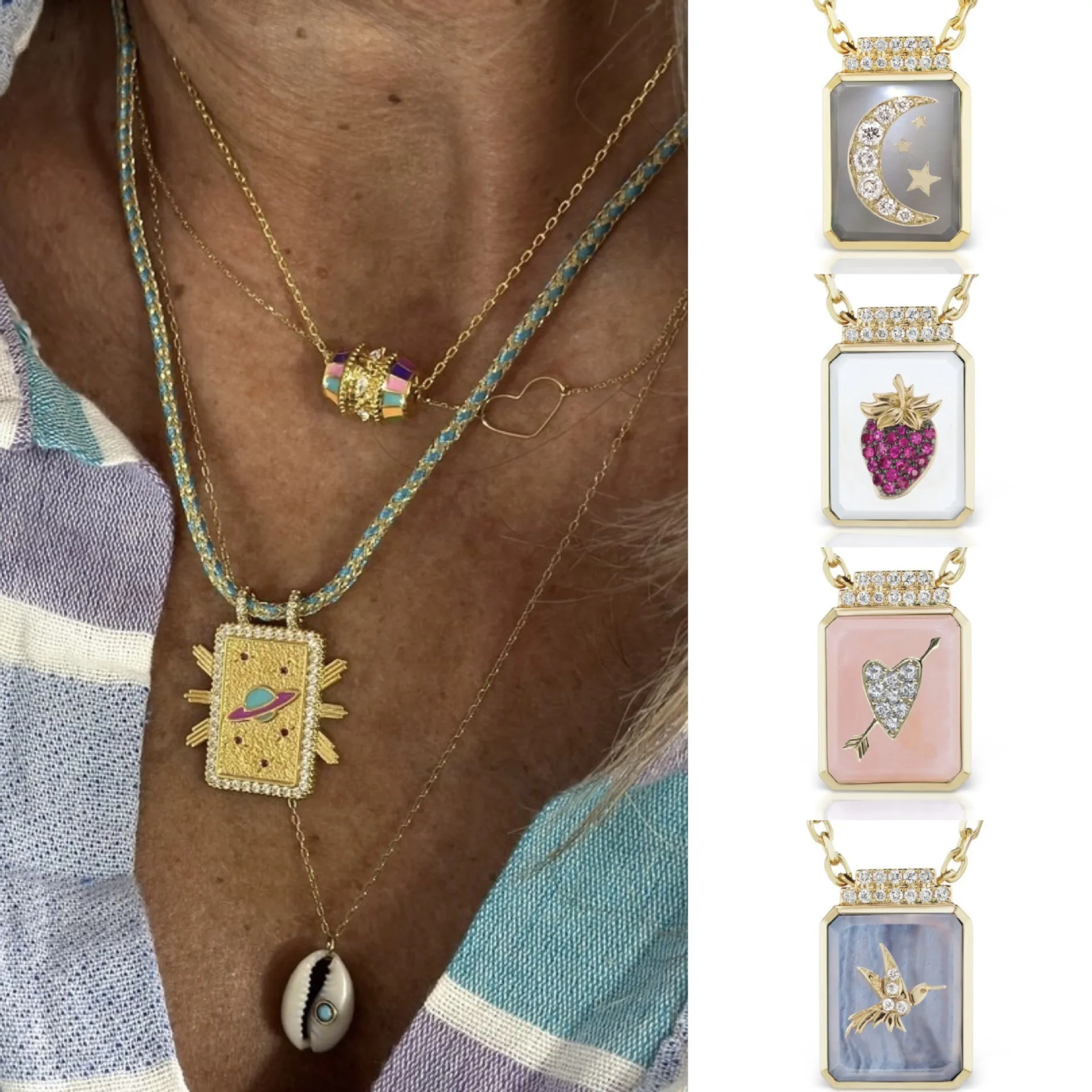 INS gold plated Heart birds pendant strawberry moon Tarot card necklace for women