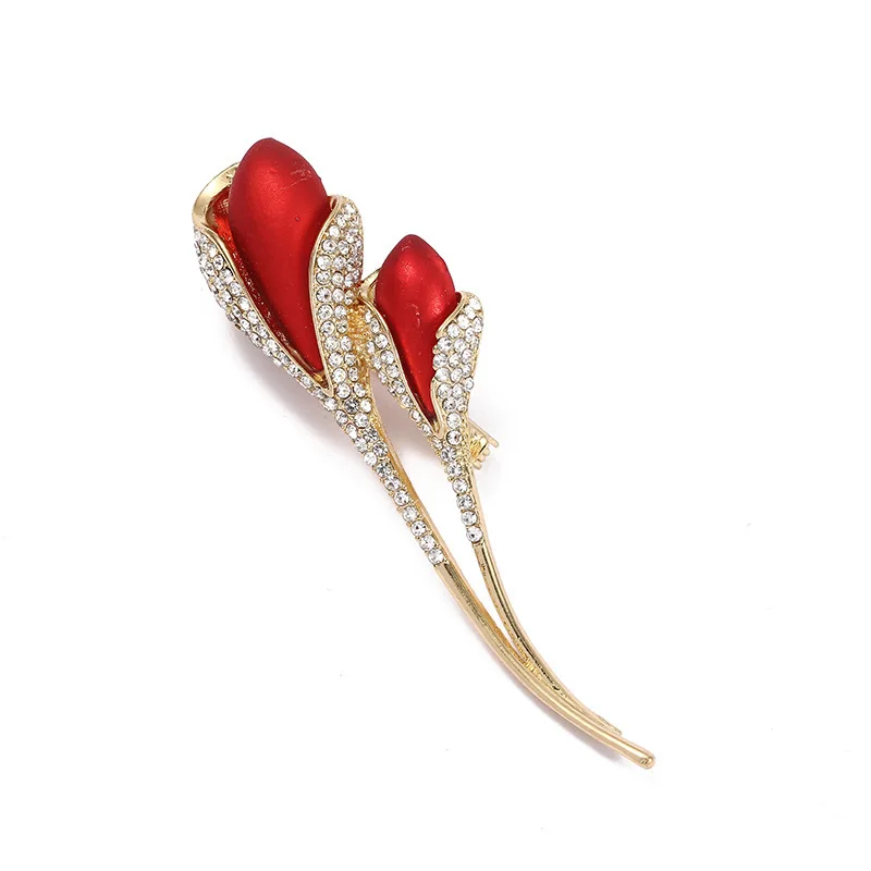 New Design Metal Tulip Rhinestone Rose Brooch for Women Elegant Pearl Corsage Fashion Brooch Pin Jewelry
