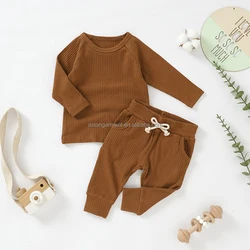 Wholesale Organic Knitted Full Sleeve Spring Autumn 4x2 Ribbed Cotton Baby Pajamas Set Sleeping Clothes
