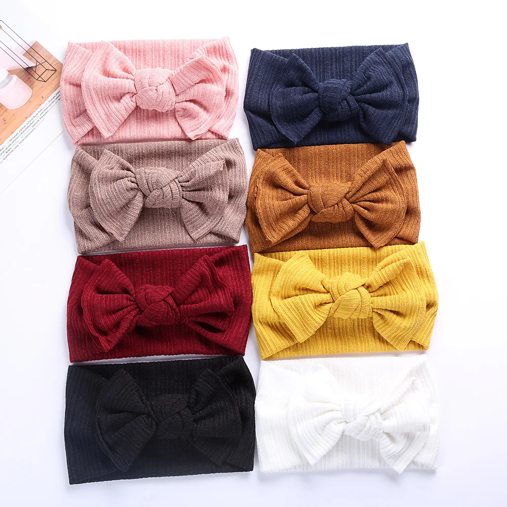 Solid Ribbed Crochet Knit Baby Girls Headband Woolen Yarn Hair Bow Tie Knot Bands Wide Headwrap Kids Hair Accessories