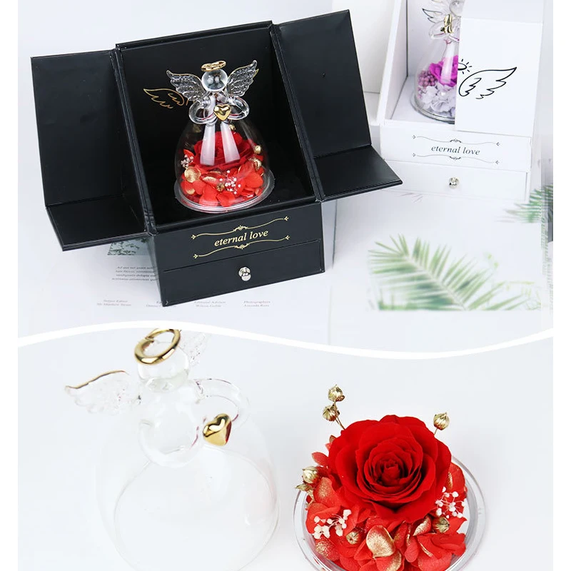 Mothers Day Gifts Double-Open Jewelry Gift Box Eluxury Ternal Rose Jewelry Box Angel Preserved Rose In Glass Dome for Women
