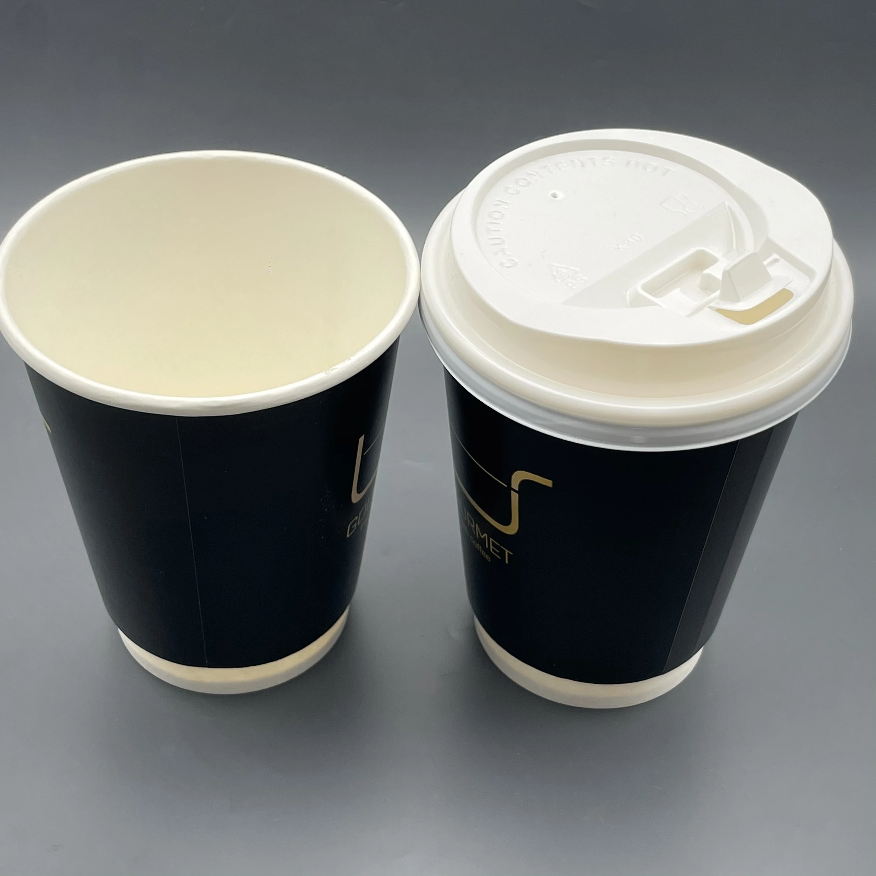 Custom Logo Disposable Double Wall Hot Coffee Paper Cup with PS Lid All Black Customizable with Personalised Design