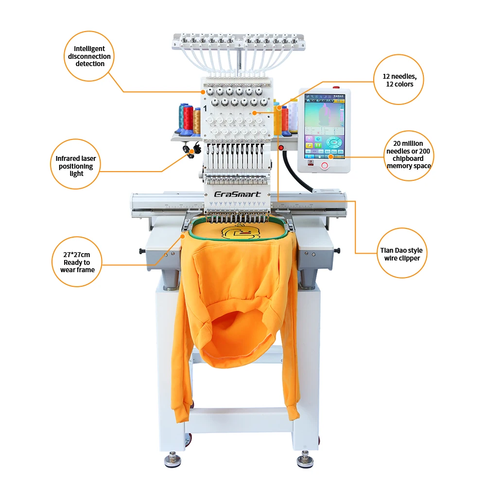 2024 Erasmart Hot Selling mini textile embroidery machine 12 needle clothes Single head home computer flat embroidery machine