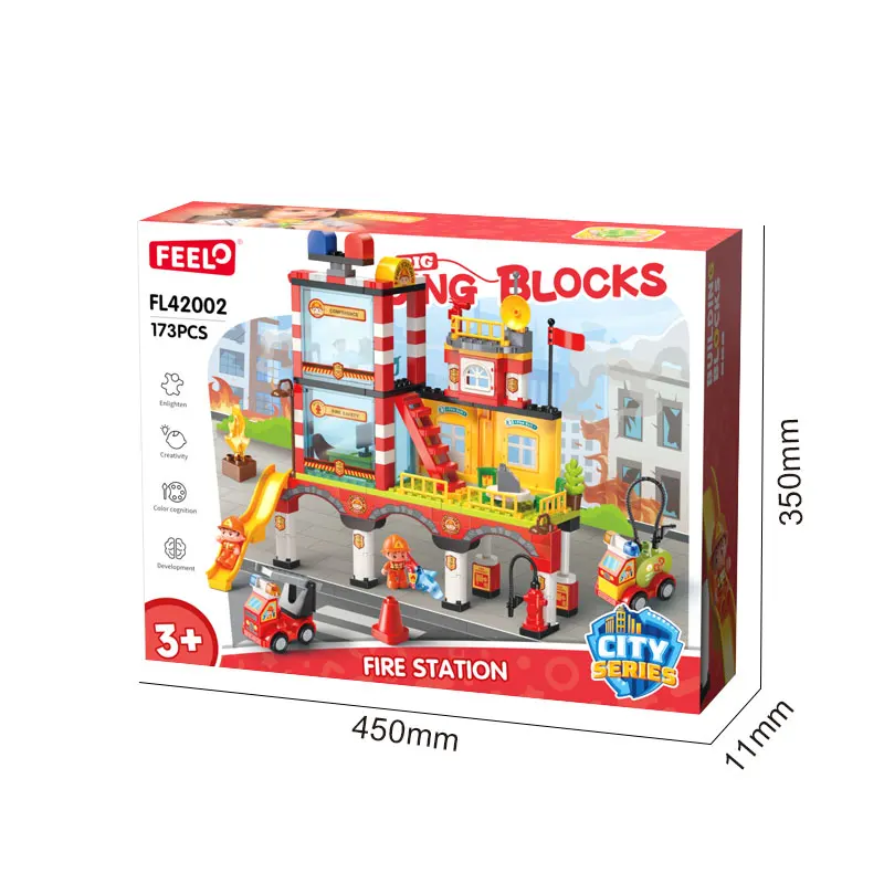 Feelo FL42002 173Pcs Fire Station Scene Classic Big Building Block Set for Children Play to Fireman Game Toy