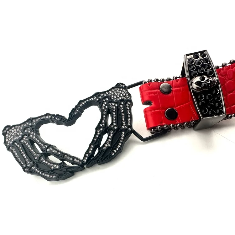Shiny Rhinestone Hand Logo Heart Shape Belt Buckle Custom Designer Brand Black Plating Metal Buckle for Man