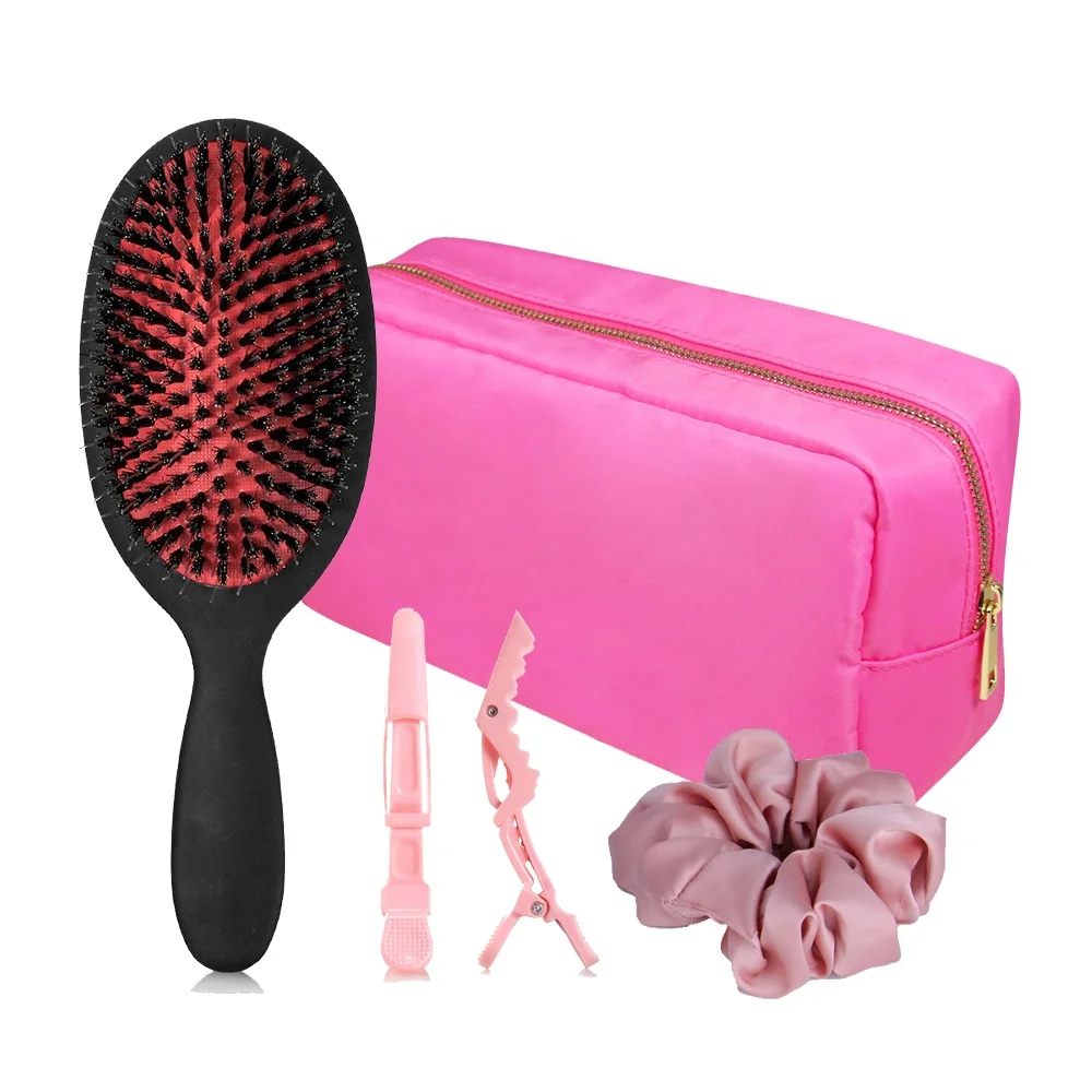 Custom logo Makeup Cosmetic Bag Alligator Clip Hair Band Nylon Boar Bristle Hair Brush Kit For Women Travel Paddle HairBrush Set