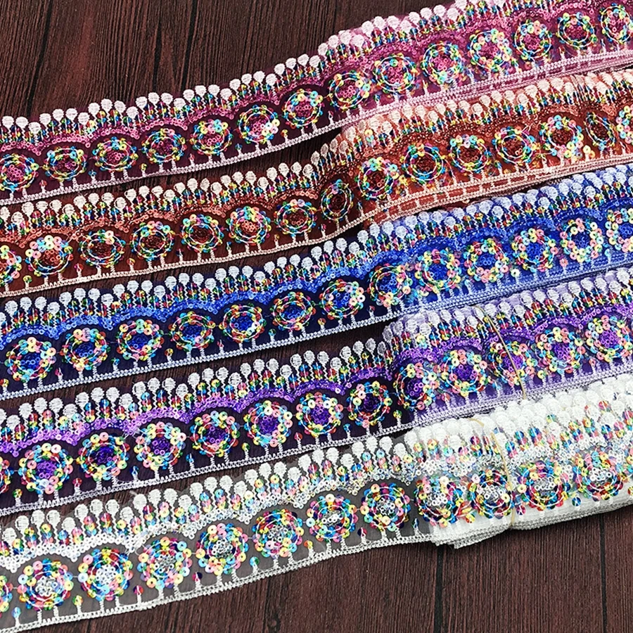 COOMAMUU 10yards/lot Ethnic Sequins Lace Ribbon Fashion Embroidery Lace Trim for Sewing Clothing Curtain Accessory
