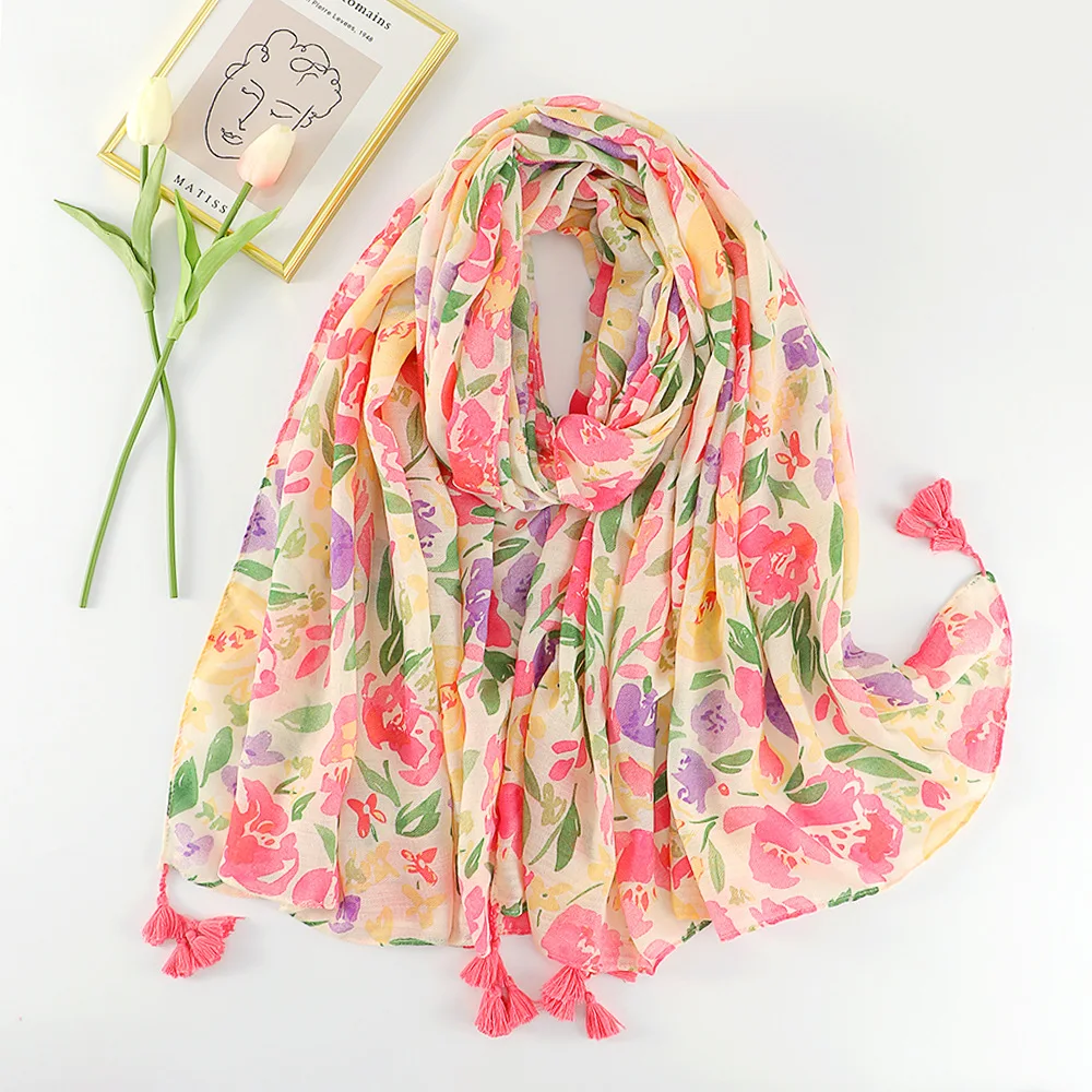 2022 hot selling newest design summer ladies plant flower cotton beach shawls fashion women cotton fabric scarf with tassels