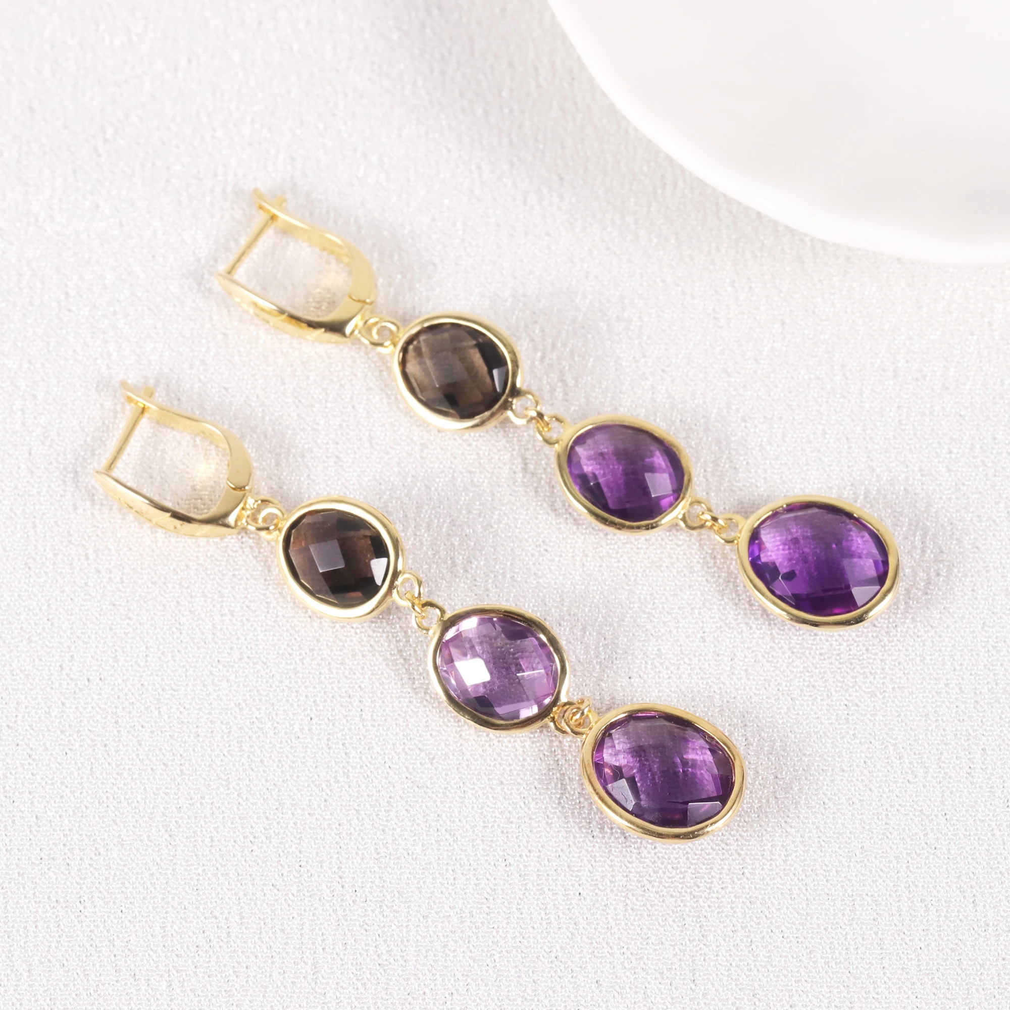 Elegant Designs Collection Natural Quartz Amethyst Gemstone Pendant Women 925 Sterling Silver Long Earrings Wholesale