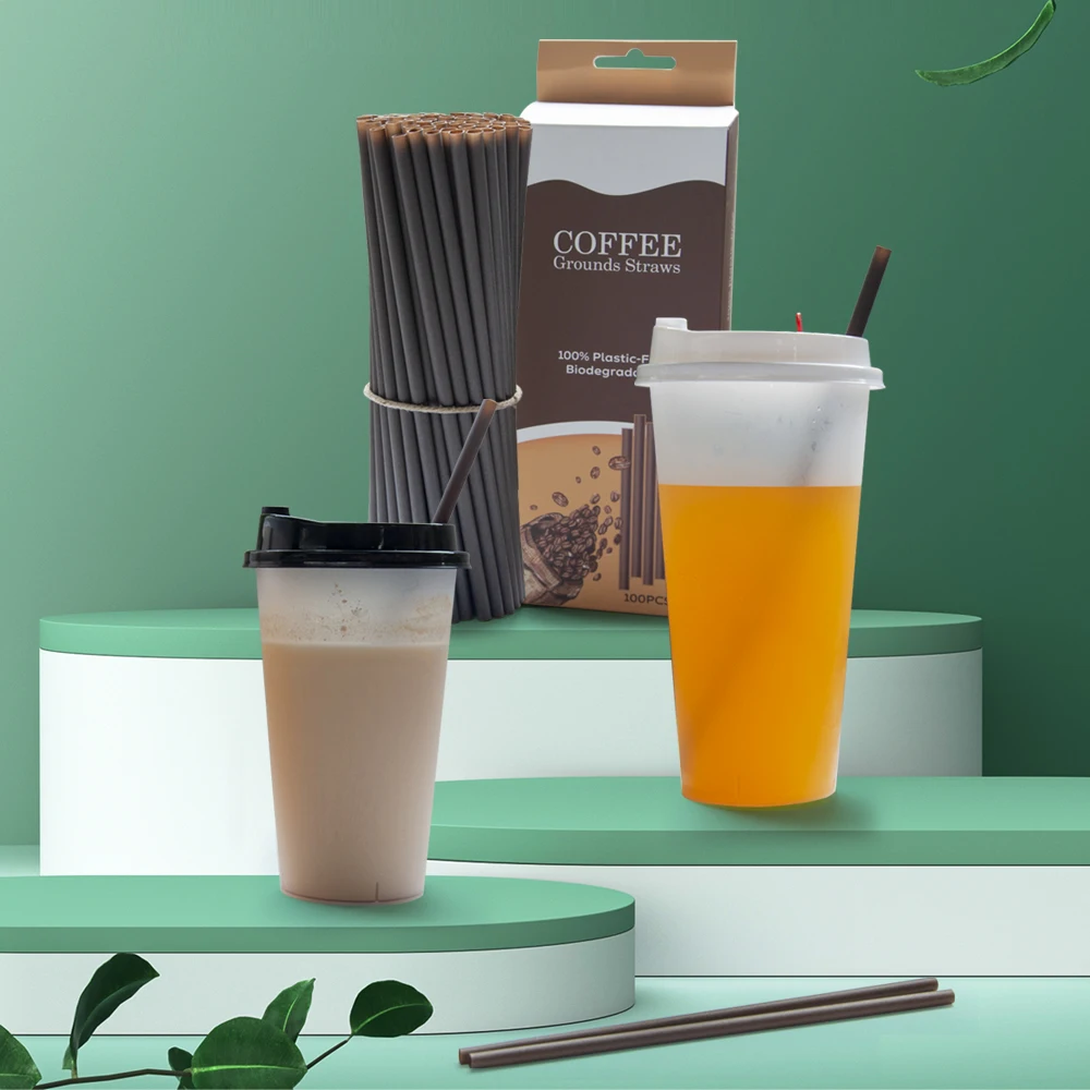 Custom Logo Coffee Ground Straws Individually Wrapped Disposable Biodegradable Drinking Straws 9 inch reusable black straws