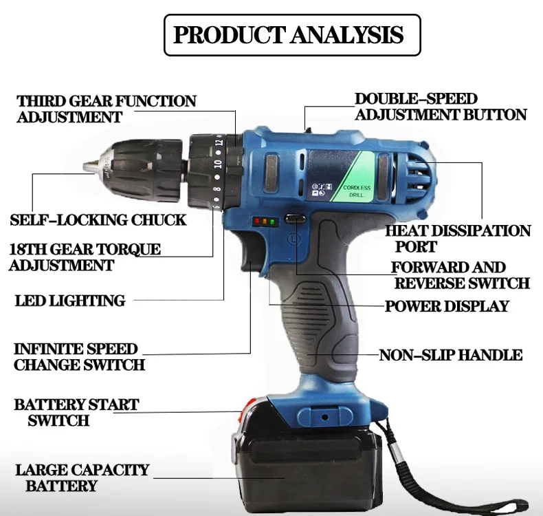 Household Combination 21V Cordless Power Lithium Battery Charger Mini Impact Cordless Driver Drill