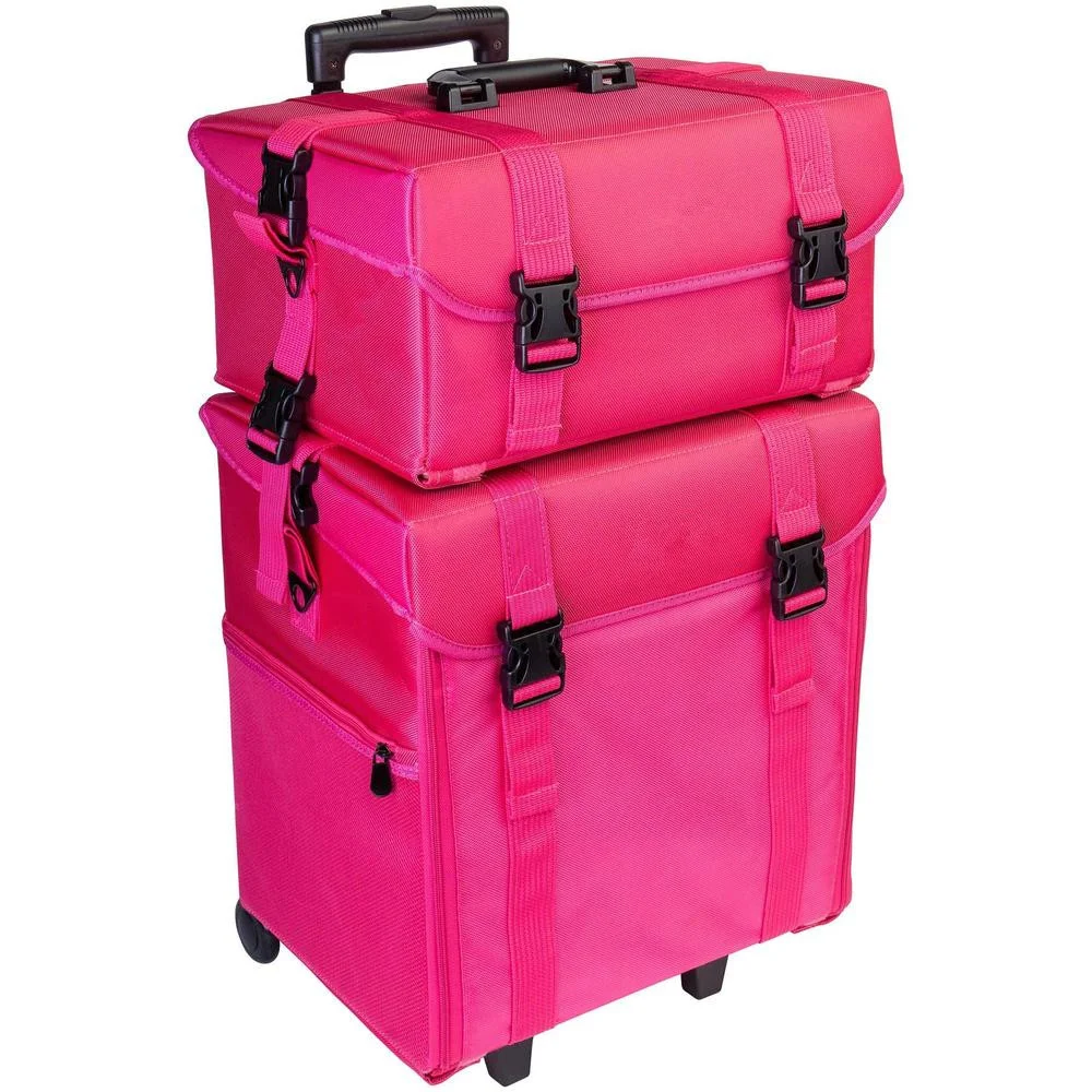 Soft Makeup Artist Train Case Rolling Trolley Cosmetic Case Makeup Hairdresser with Free Set of Mesh Bag Pink