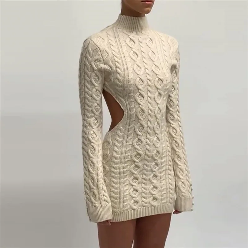 Caiheng Sexy Knitted Sweater Dresses Fall Winter Clothes for Women Rave Outfit Backless Long Sleeve Mini Birthday Dress