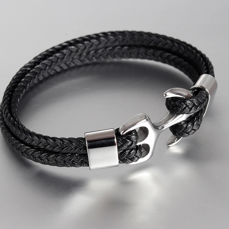 Fashion Jewelry Brown Color Multi Layer Vintage Woven Leather Rope Anchor Stainless Steel Bracelet For Men