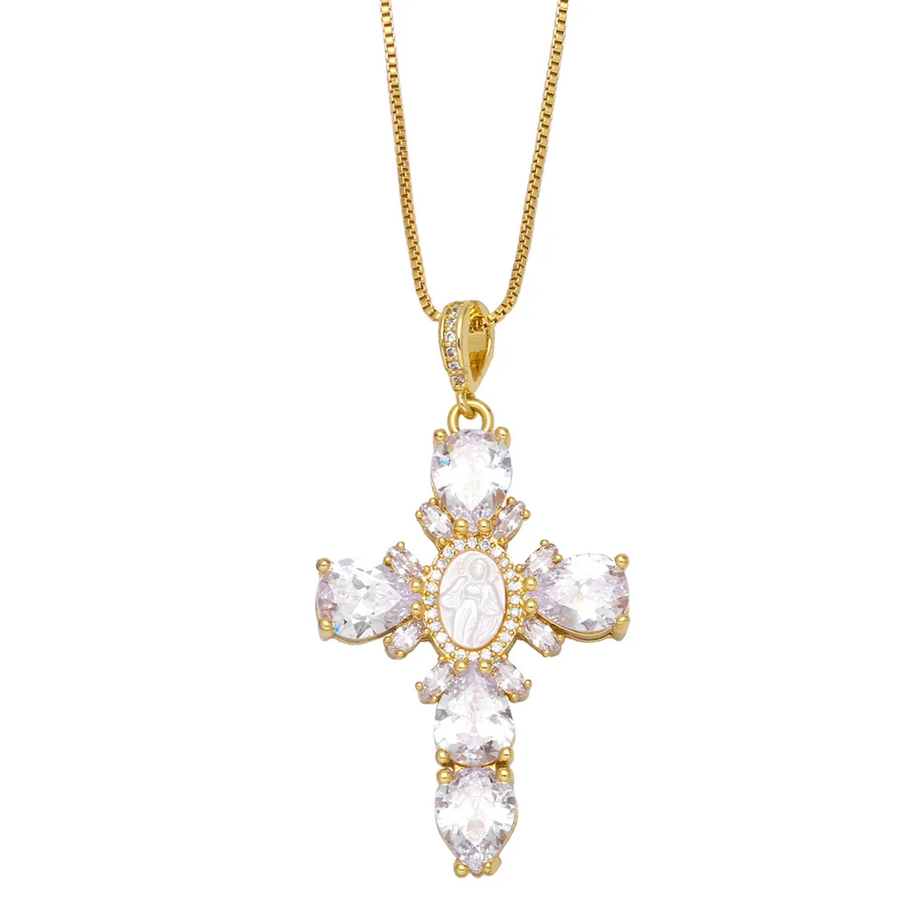 Luxury cz diamond zircon pave cross pendant virgin mary necklace jewelry for girls