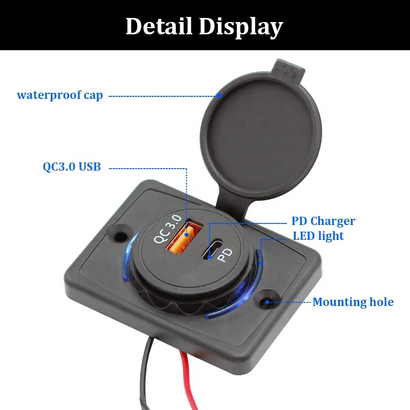 12V 24V Panel Mount Dual QC 3.0 Type C Train Tram Marine Boat Car Bus Seat USB Charging Port Bus USB Charger