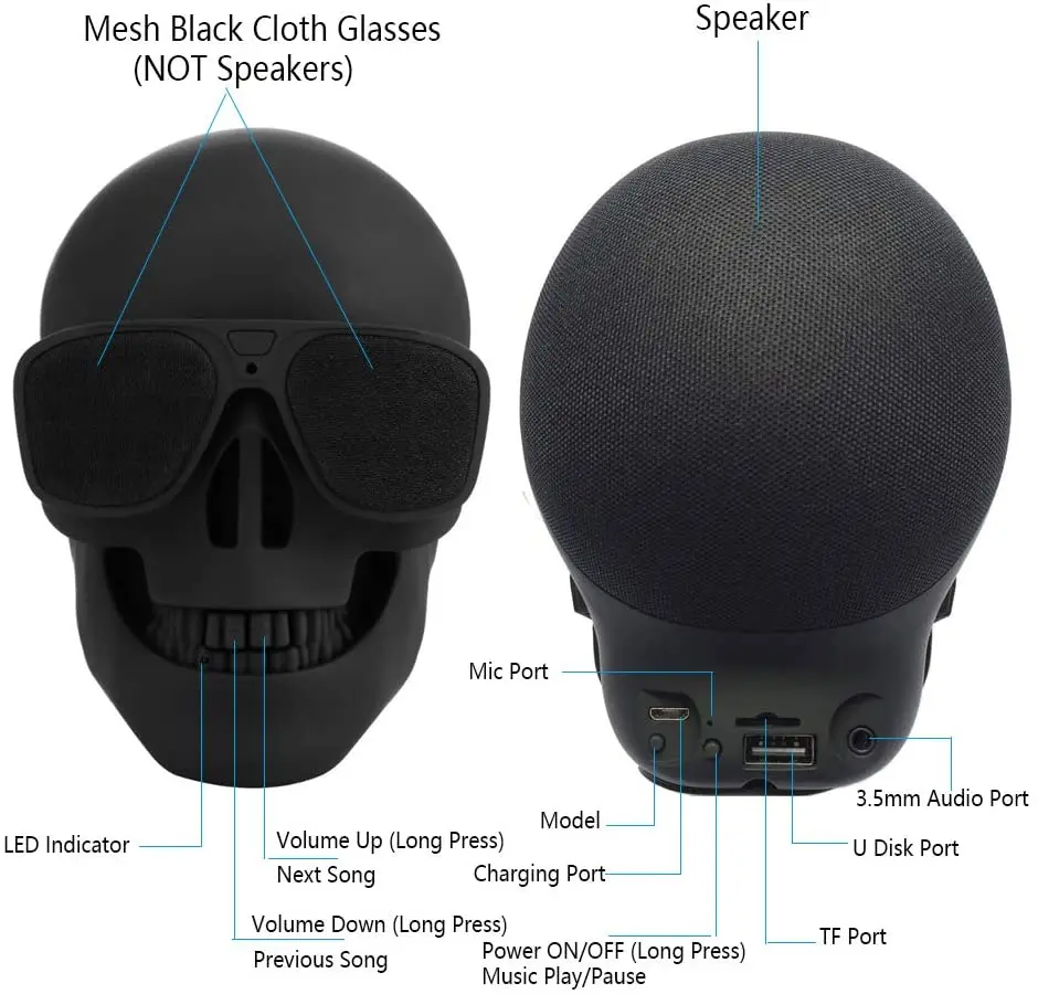 TIANHUA US MINI Portable Wireless Skull Head Bluetooths Speakers Home Amplifier Power Amplifier Perfect Sound Built-in BT