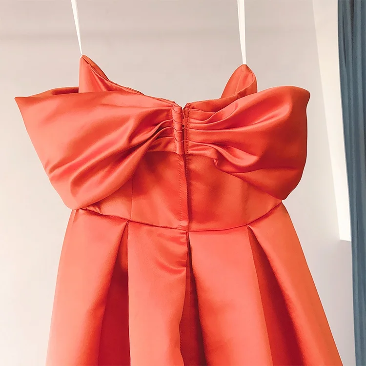 satin wedding dress bride gown prom dress orange color off shoulder long tailing zipper