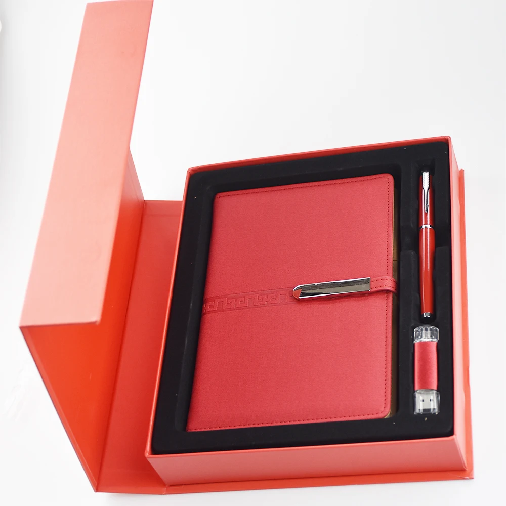 Low MOQ  business custom notebook gift set leather A5 notebook with pen USB attached for Christmas gift