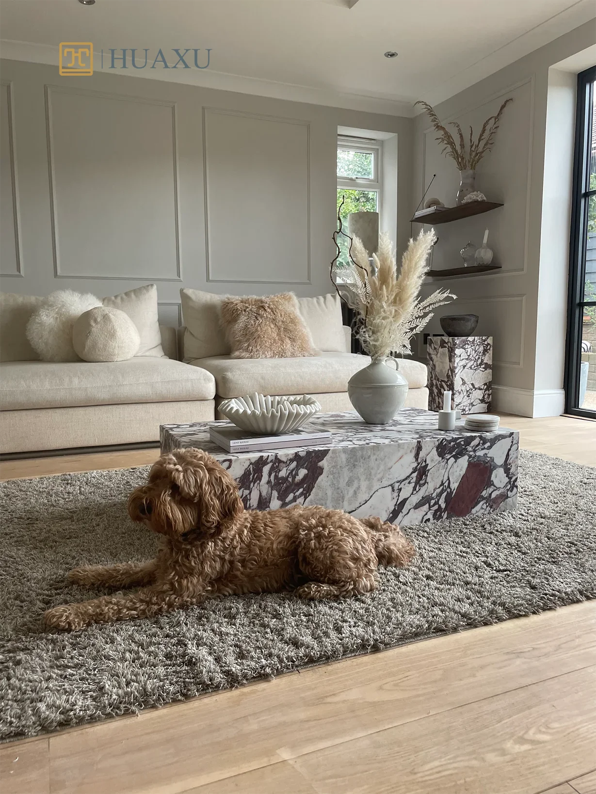 Huaxu Luxury Carrara Marble Italy Natural Calacatta Viola Marble Plinth Block Center Coffee Table