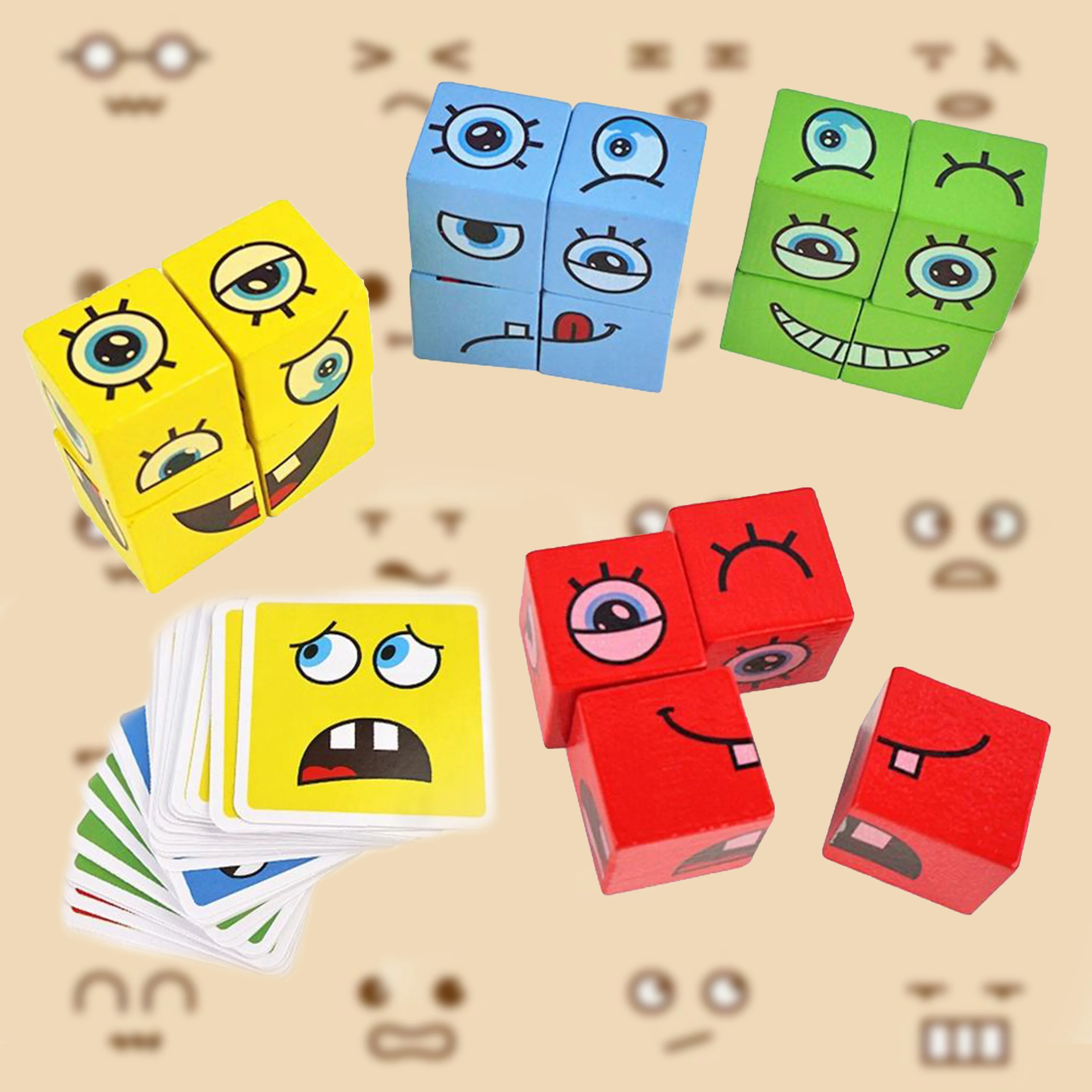 Cartoon Wooden Face Changing Cube Magic Building Blocks Game Montessori Toys 3D Puzzle Cube for Children