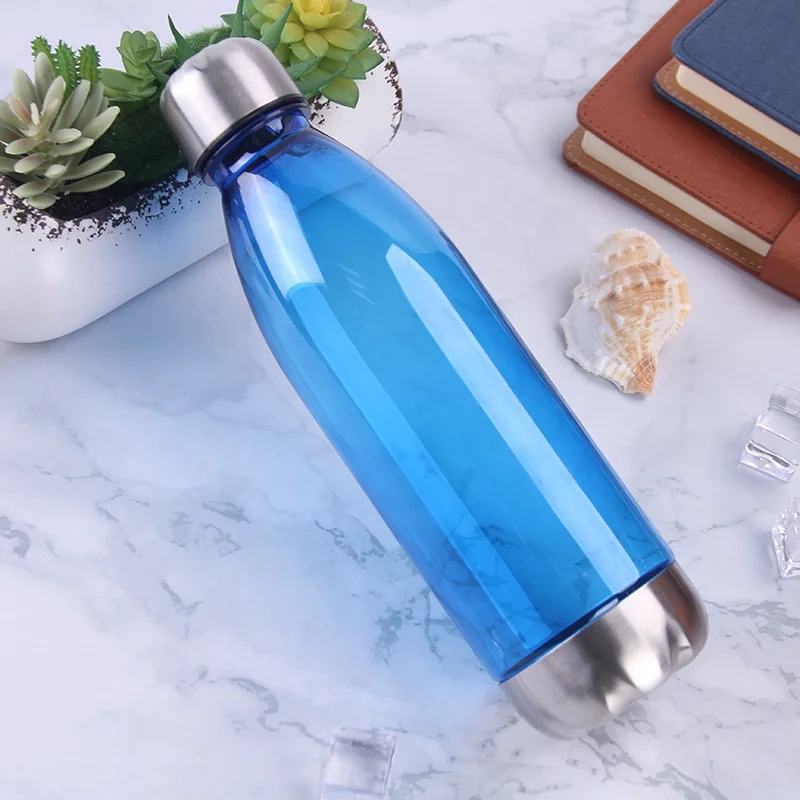 Cola shaped plastic water bottle with metal lid and base