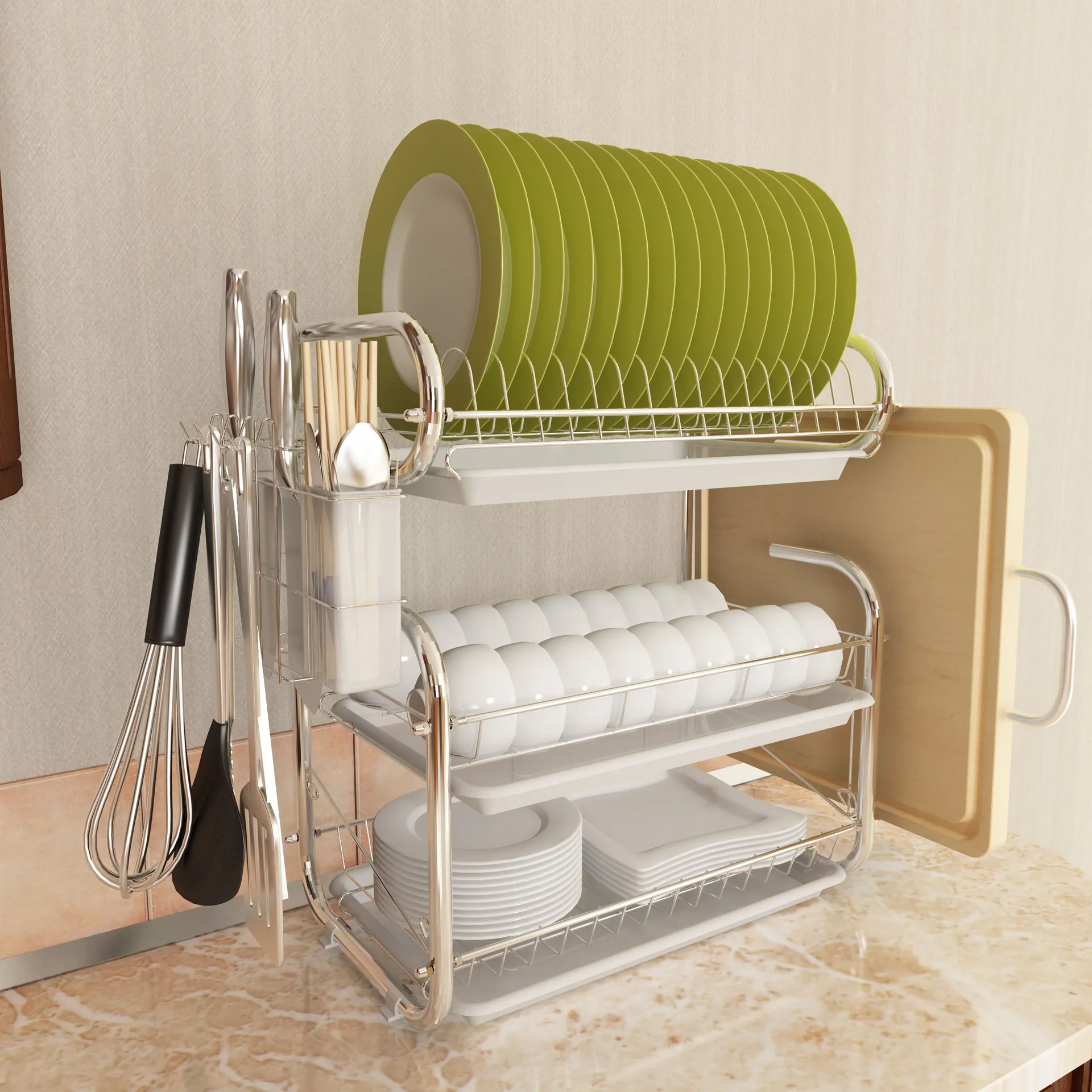 Iron kitchen three-layer draining dish rack multi-function Bowl storage dish rack