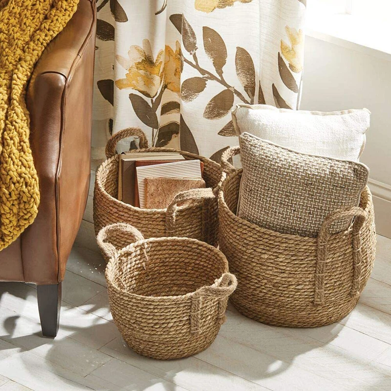 Wholesale Rattan Straw Wicker Laundry Basket Jute Rope Laundry Hamper Basket with Handle for Clothes Shoes Towels