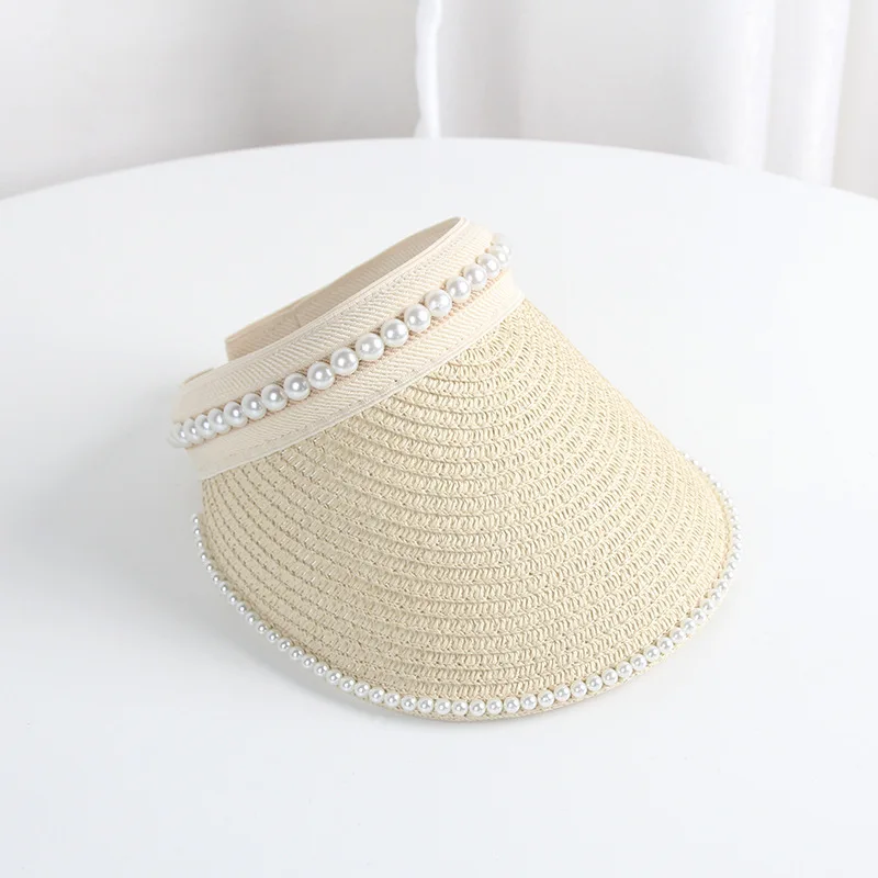 FF1465 Summer Women Straw Beach Hat Wide Brim Sun Visor Hat Ponytail Pearl Straw Visor Hat for Women