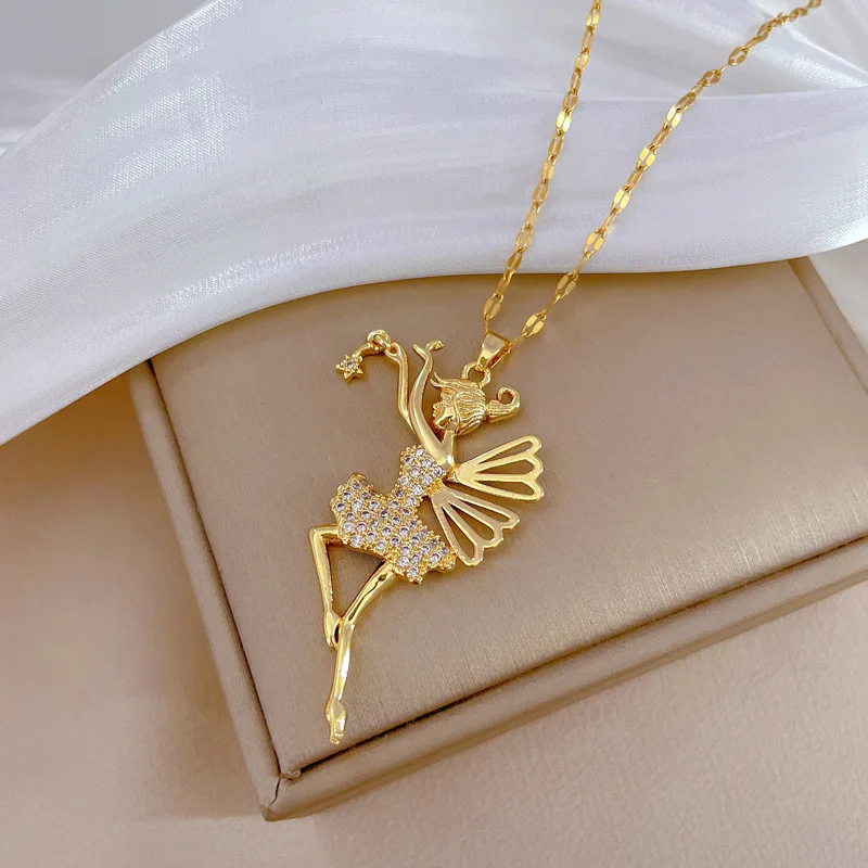 Fashion Titanium Steel 18K Gold Plated Ballet Dancer Girl Necklace Shinny Diamond Zircon Dancing Girl Lady Necklace Jewelry