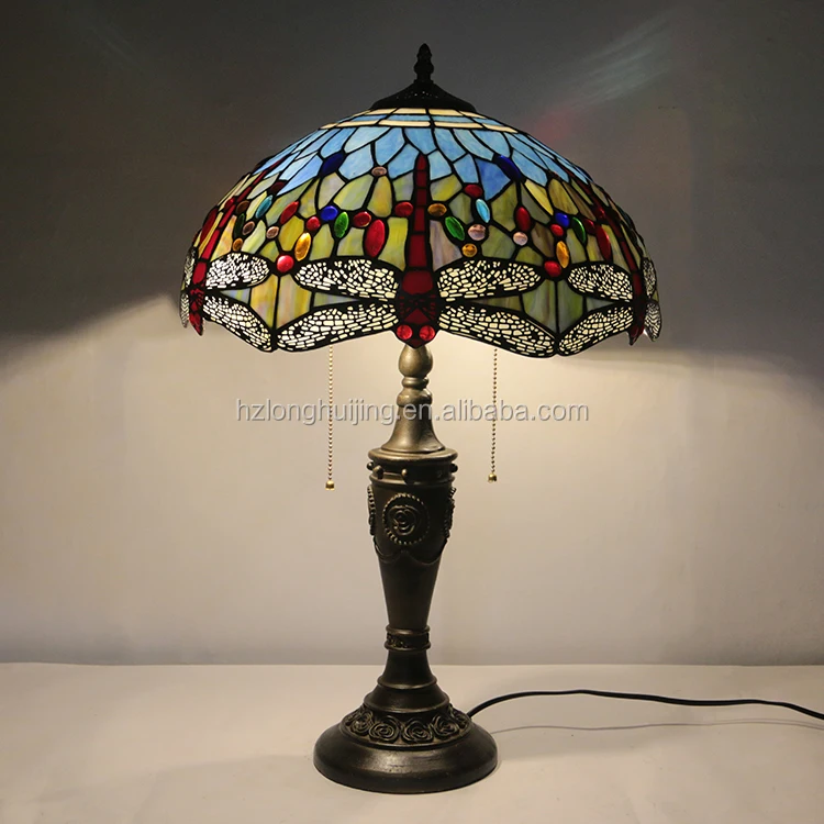 LongHuiJing Tiffany style stained glass table lamp 16Inch lampshade dragonfly LED E27 bulb decor desk lights