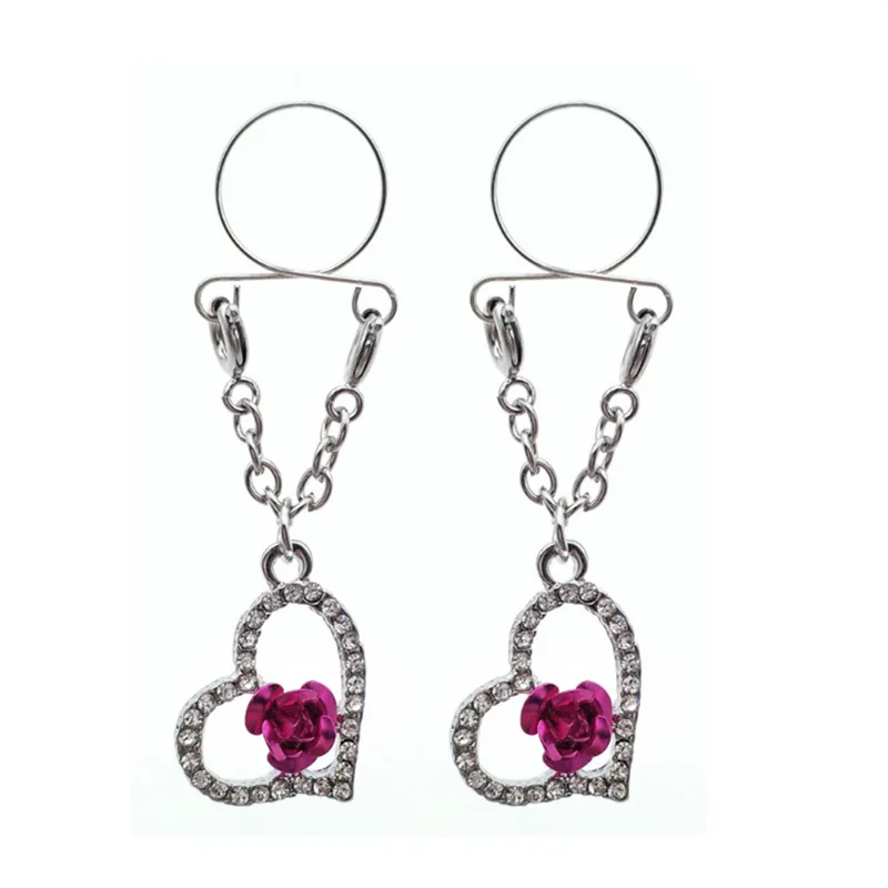 Sexy Non Pierced Clip On Nipple Ring Jewelry Fake Nipple Shield Heart Rose Flower Dangle Adjustable Body piercing Jewelry