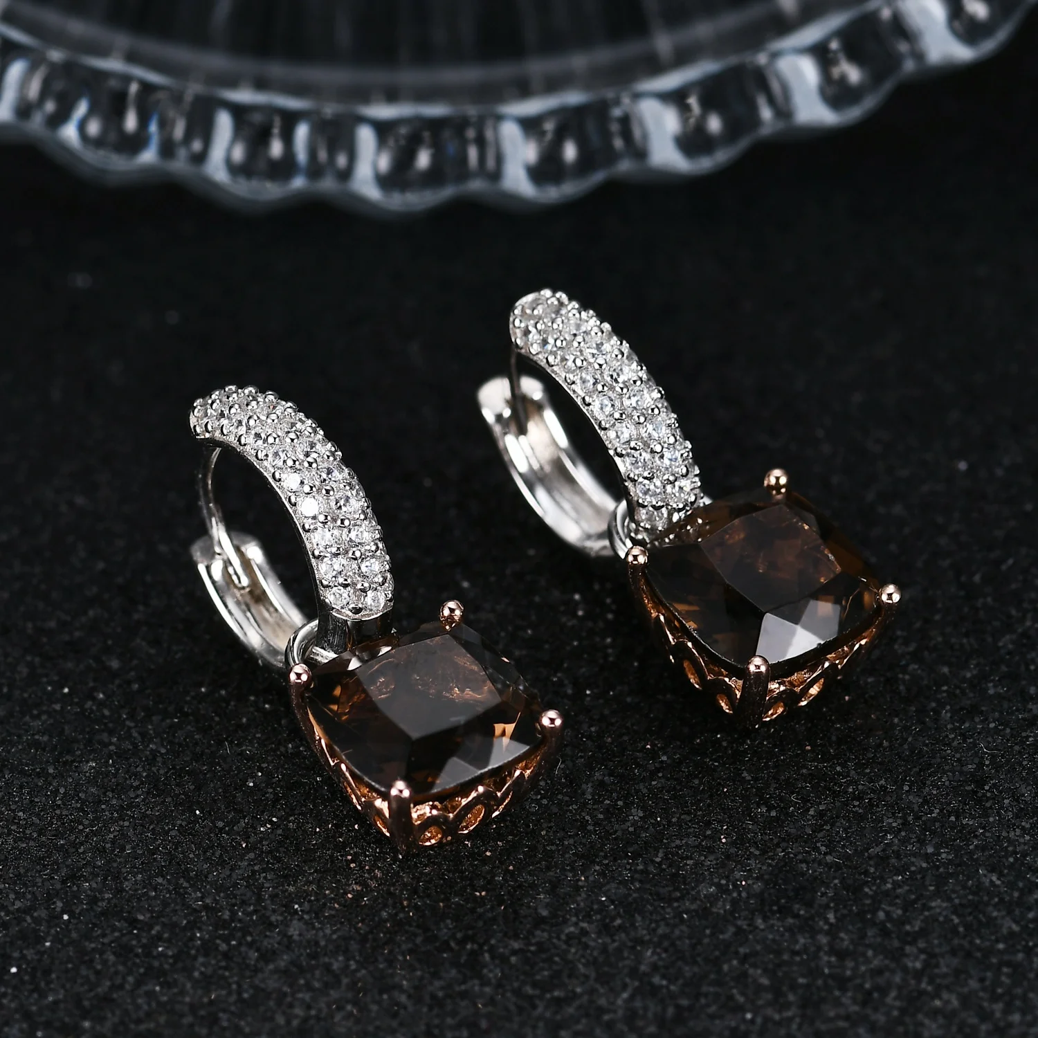 C8346 Abiding Shield Long Lasting Plating Tarnish Free 2024 Latest Trendy Smoky Quartz 925 Sterling Silver Earring