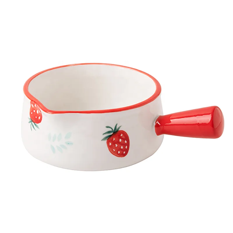 ceramic 400ml breakfast salad fruit yougurt bowl with single handle and hand-painting strawberry red color pattern
