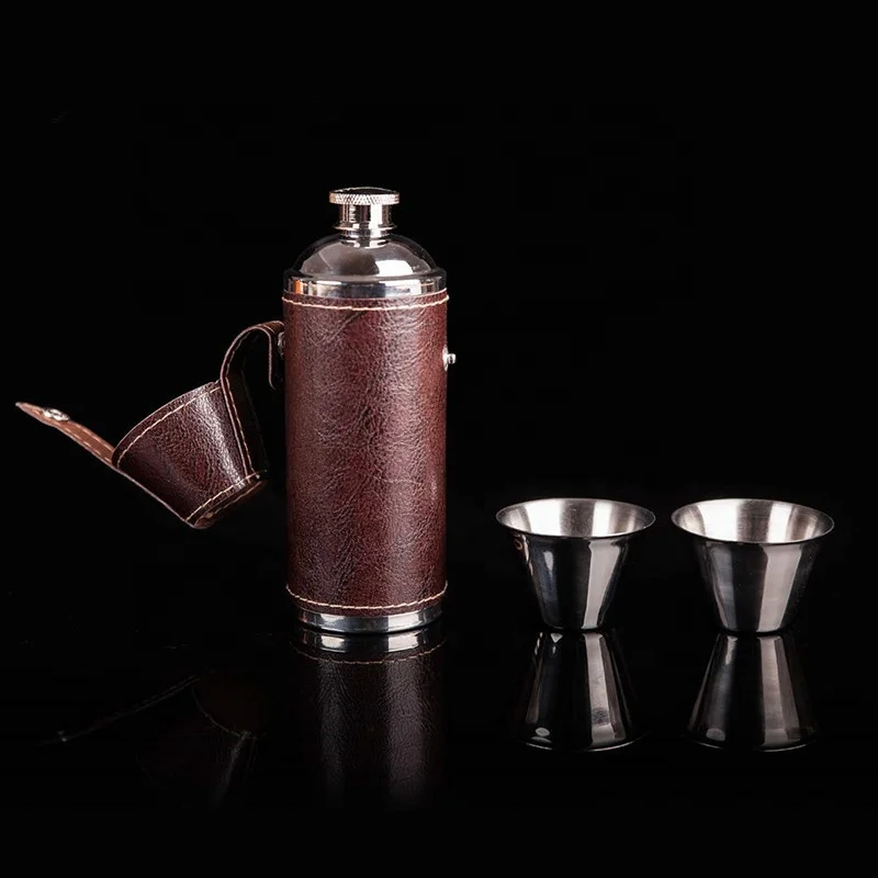 Wholesale cylinder  8oz metal stainless steel hip flask set with Leather Cover with steel cup