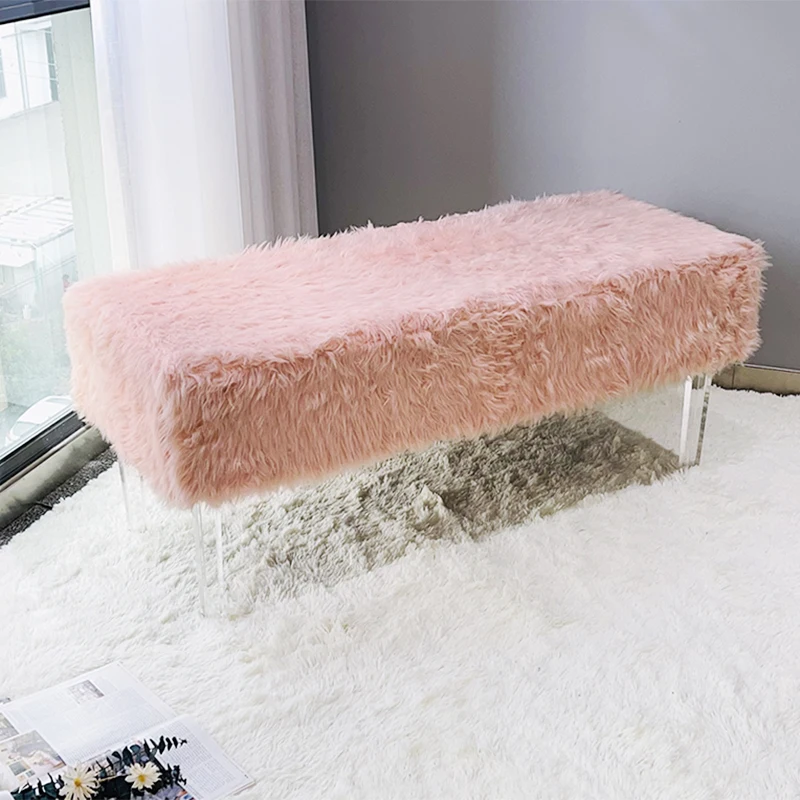 HStex 2022 luxury large fur bedroom decorative bench ottoman hotel modern stool tuffled ottoman bench