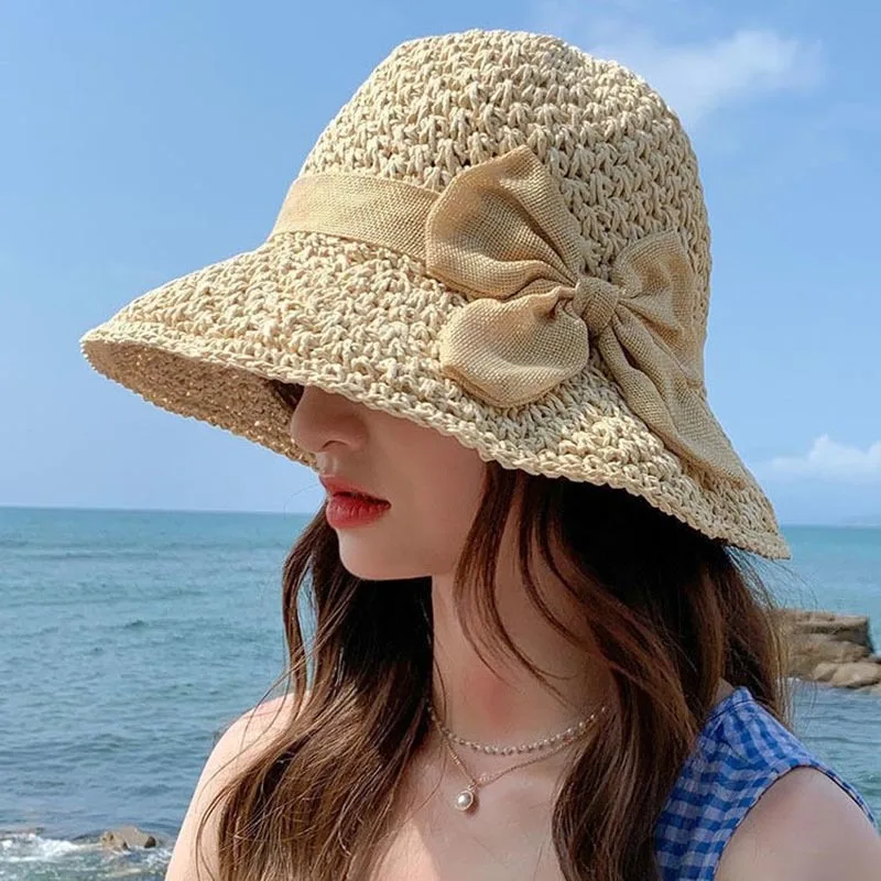 Straw hat women bow knot weave beach bucket sun hat sunscreen sun protection straw hat