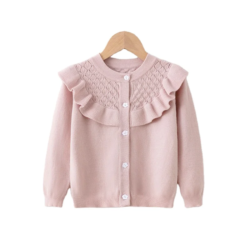 Girls baby pink ruffle knitted cardigan children crew neck round necked knit cardigan girls button up comfortable soft sweater